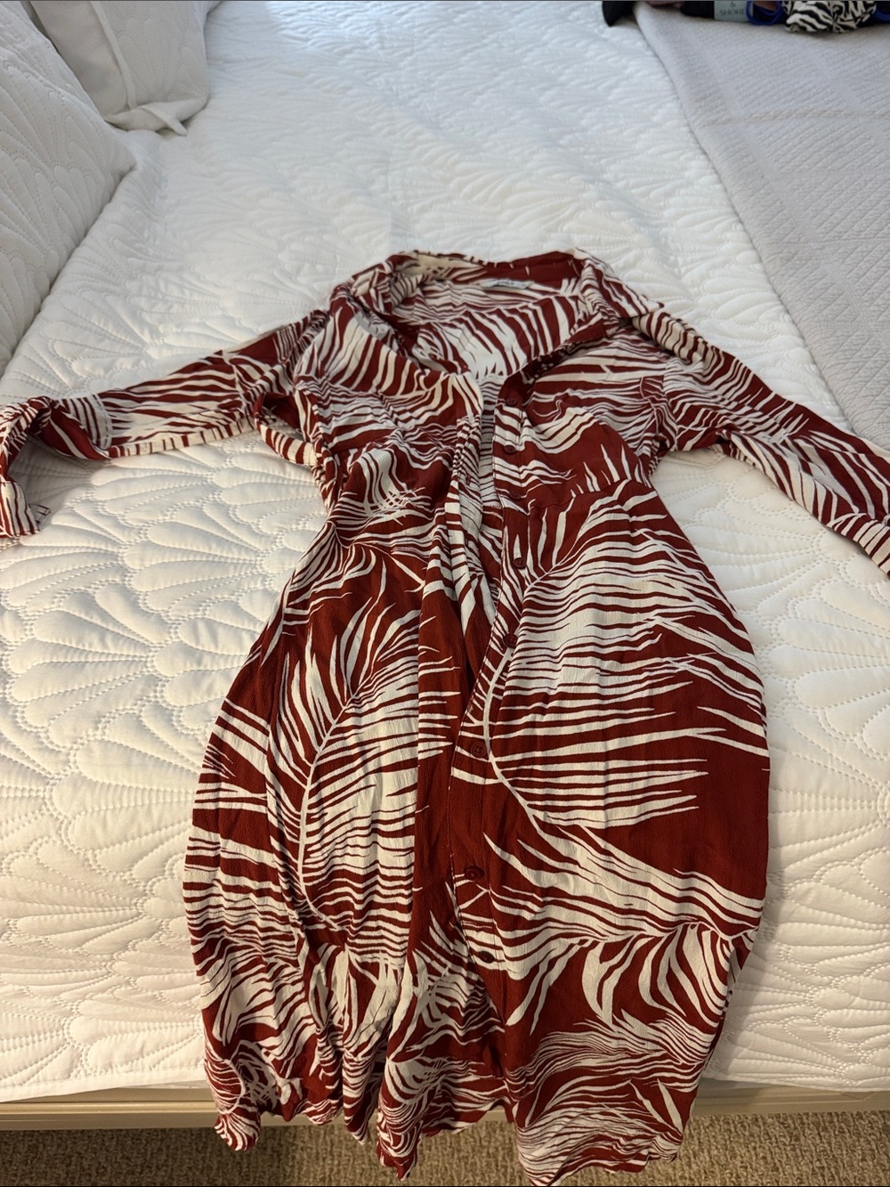 Only Rust and White Long-Sleeve Printed Button-Front Dress